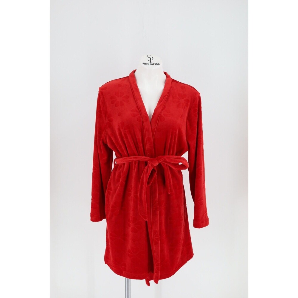 Kate Spade Women Size Medium Red Soft Plush Embossed Floral Short Robe